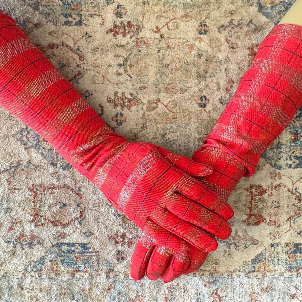 Vintage Red Metallic Plaid Opera Gloves Stretch Sony LaCrasia